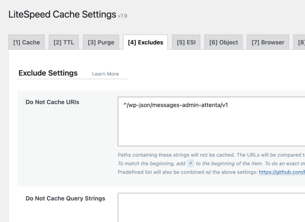 How to disable LiteSpeed Cache for Attenta Messages plugin.
